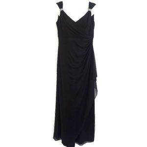 Alex Evenings Black Formal Gown Embellish Rhinestones Draped Slit XS S